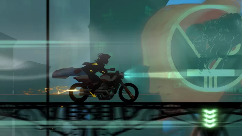 Герой на мотоцикле, мир в стиле Transistor