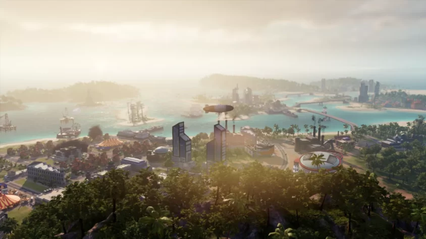 Город в Tropico 6 с огромным дирижаблем на фоне
