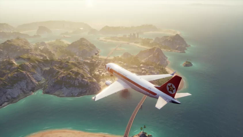 Самолет летит над островом в Tropico 6