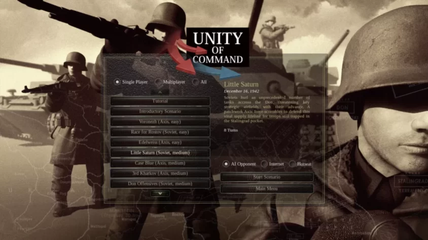 Меню сценариев в Unity of Command, выбор миссии Little Saturn