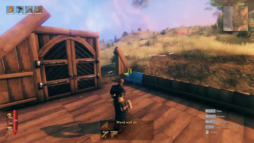 Постройка дома в Valheim, викинг ставит стену