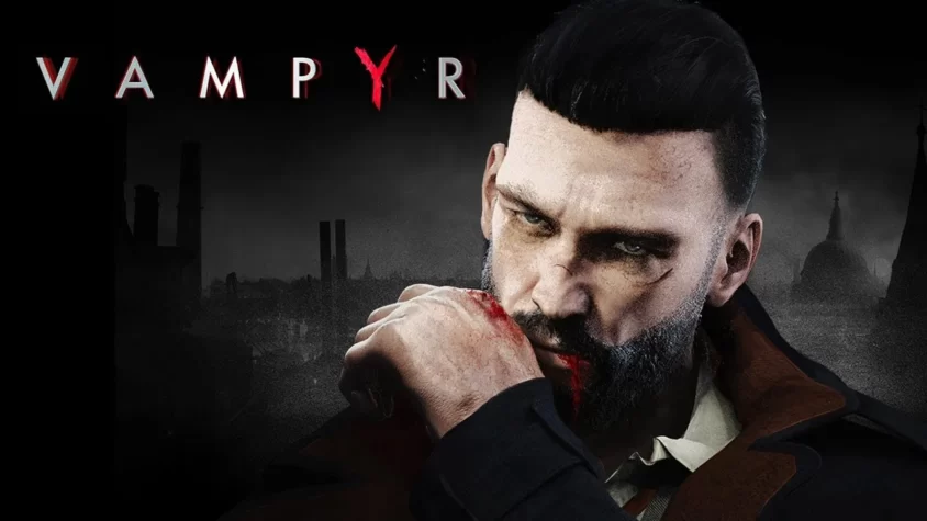 Vampyr — обложка игры Обложка игры Vampyr, изображение главного героя с кровью на руке и мрачным фоном