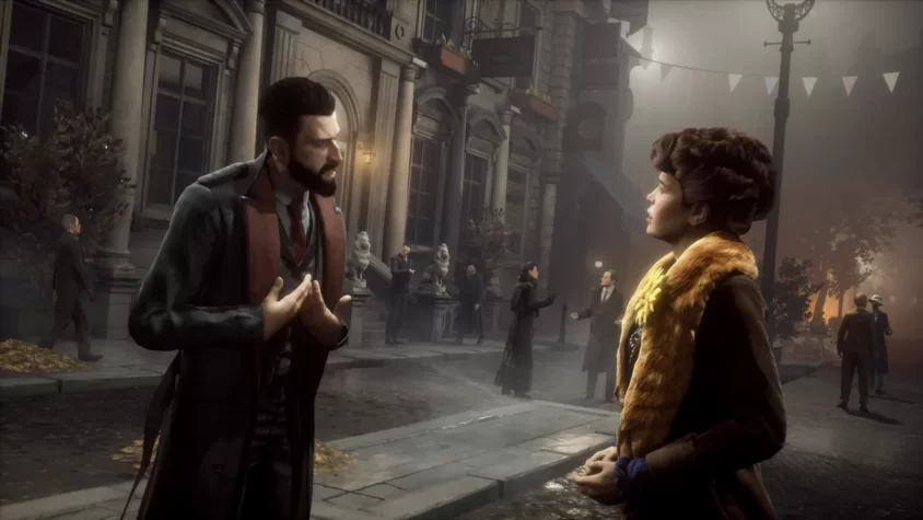 Главный герой игры Vampyr спорит с женщиной на фоне улицы Лондона