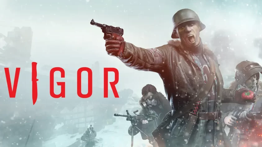 Обложка игры Vigor с солдатом в зимнем лесу