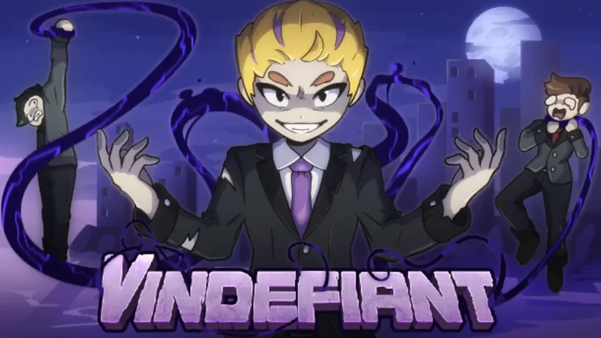 Обложка игры Vindefiant с главным героем в костюме и странными черными щупальцами вокруг