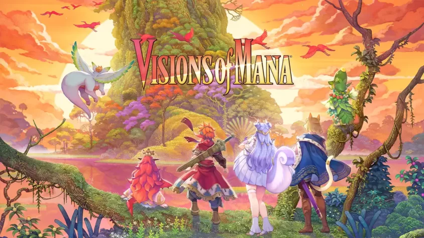 Обложка игры Visions of Mana, где мы видим героев, сражающихся на фоне сказочного пейзажа