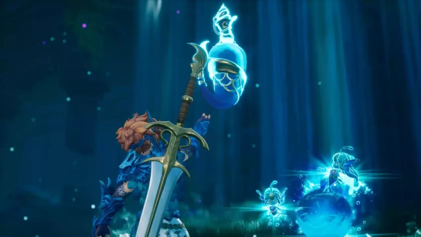 Главный герой Visions of Mana использует магию, вызывая духов в темном лесу
