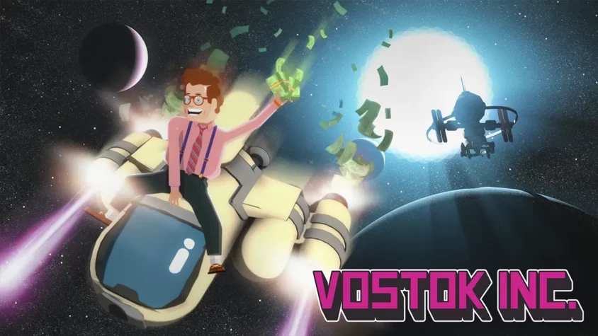 Обложка игры Vostok Inc, на которой изображен персонаж, восседающий на космическом корабле и разбрасывающий деньги по космосу
