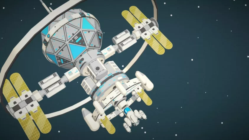 Космическая станция в игре Vostok Inc, окруженная звездами, с кораблем, подлетающим к ней