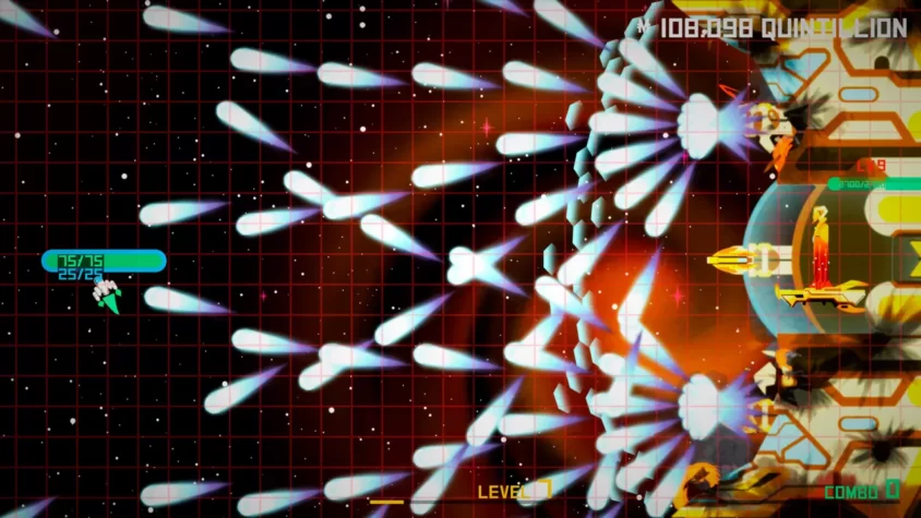 Космическая битва в игре Vostok Inc, где игрок сражается с огромным количеством врагов в атакующем космическом пространстве
