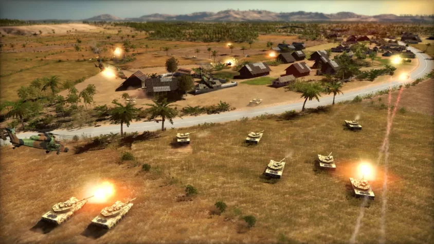 Геймплей Wargame: Red Dragon с танками и вертолетами на фоне деревни