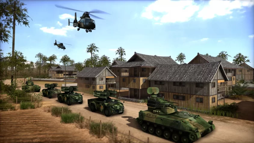 Геймплей Wargame: Red Dragon с танками и вертолетами возле деревни