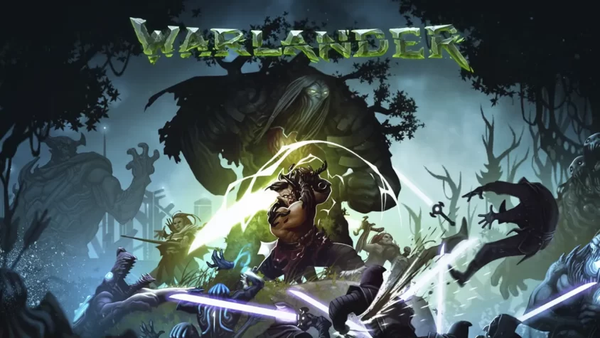 Обложка игры Warlander, где величественные монстры и герои сражаются на фоне мрачного леса