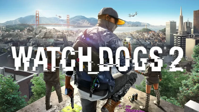 Обложка игры Watch Dogs 2 с персонажами на фоне Сан-Франциско