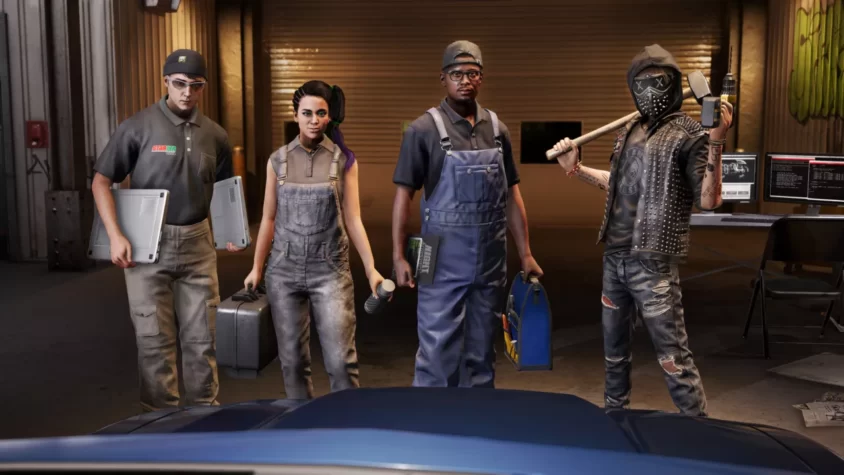Персонажи игры Watch Dogs 2 стоят в мастерской с инструментами и ноутбуками