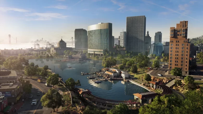 Городская панорама с видом на мост и современные здания в Watch Dogs 2