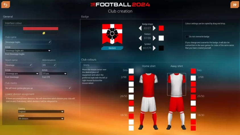 Настройка команды и формы в We Are Football 2024