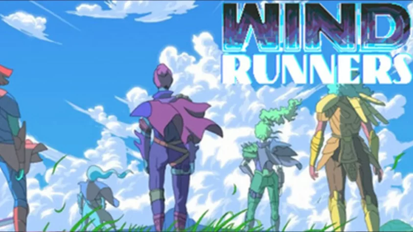 Обложка игры Wind Runners, где группа персонажей стоит на фоне облаков