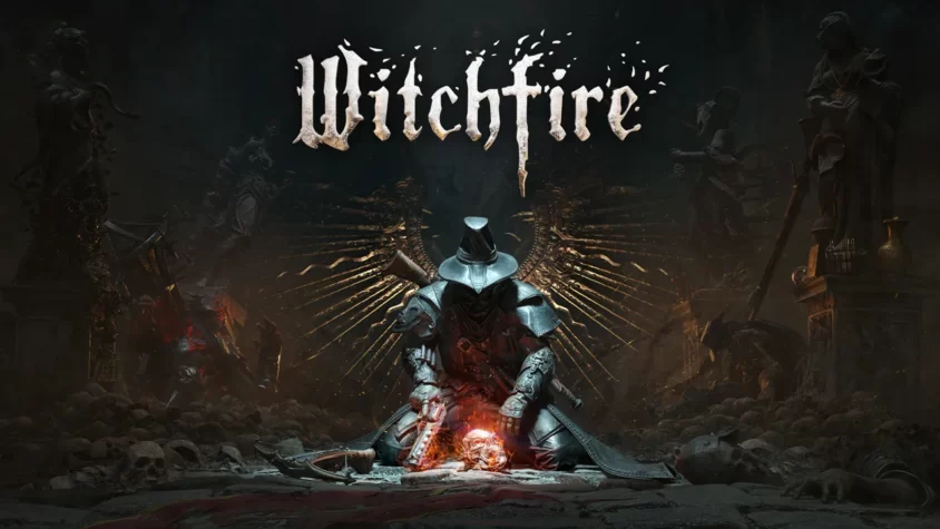 Тёмная обложка игры Witchfire с загадочным рыцарем на фоне разрушенного мира