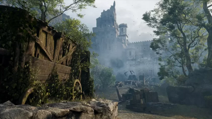 Мрачные руины замка с зелёной дымкой на фоне в Witchfire