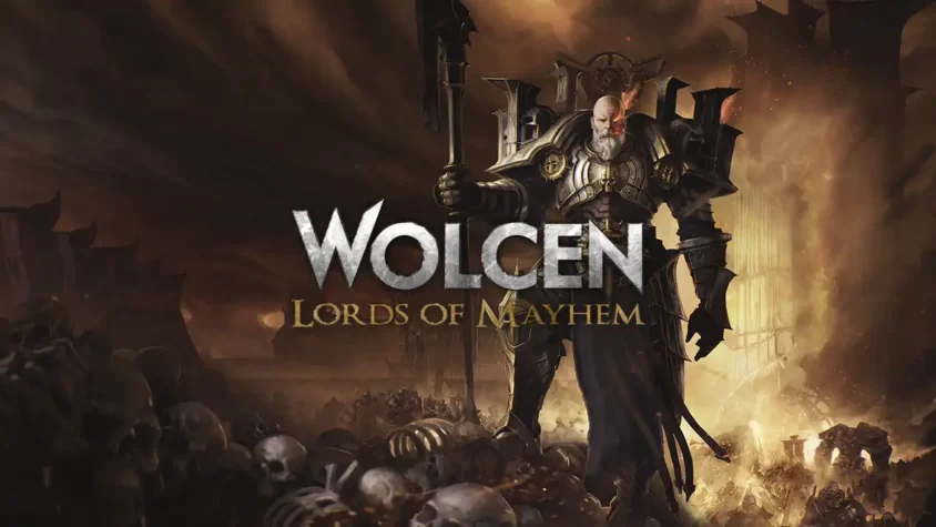 Wolcen: Lords of Mayhem - Обложка игры Обложка игры Wolcen: Lords of Mayhem с изображением могучего героя на фоне разрушений и костей