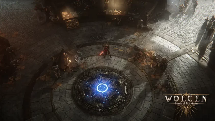 Скриншот игрового мира Wolcen: Lords of Mayhem, показывающий центральную площадь с магической вратой