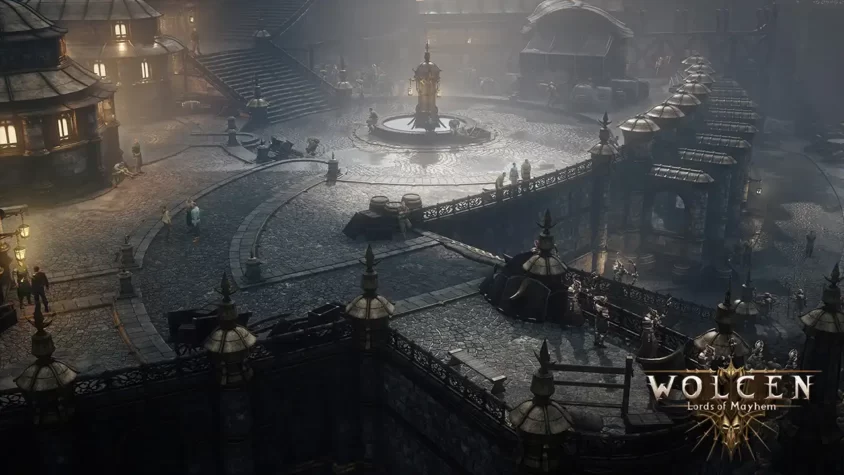 Скриншот города в Wolcen: Lords of Mayhem с видом на улицу и фонтан