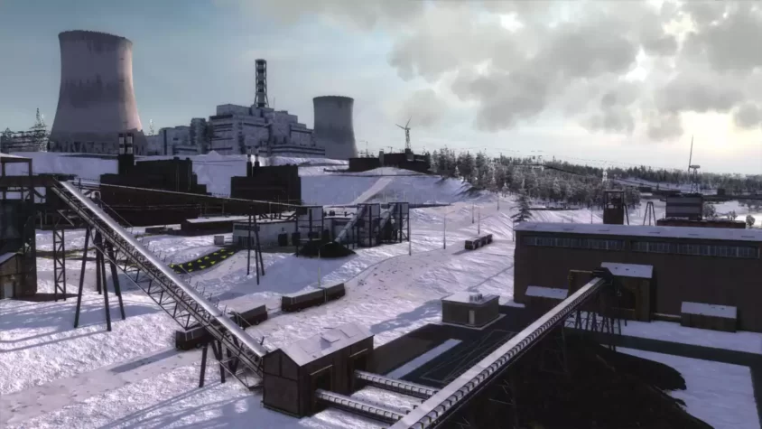 Зимний пейзаж с промышленными зданиями в Workers & Resources: Soviet Republic