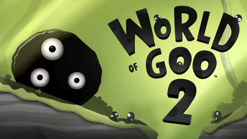 Логотип World of Goo 2 и глазастая капля на склоне