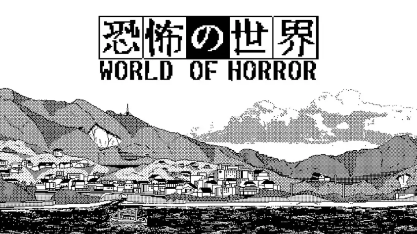 World of Horror - Обложка Обложка игры с названием 'World of Horror' на фоне черно-белого пейзажа