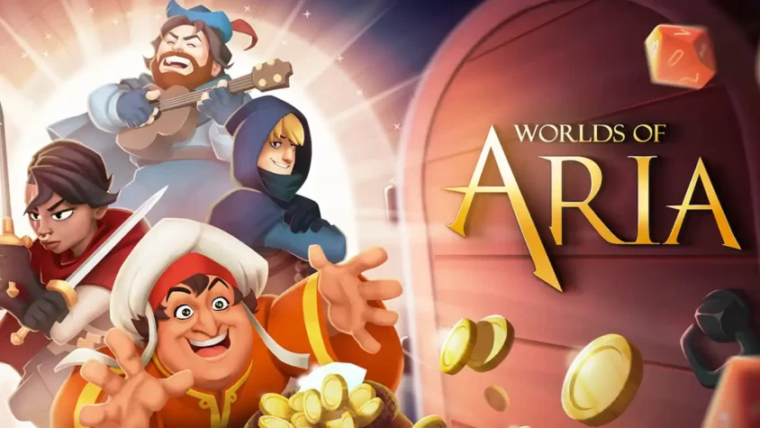 Worlds of Aria: Обложка игры Обложка игры Worlds of Aria с изображением героев и золотых монет