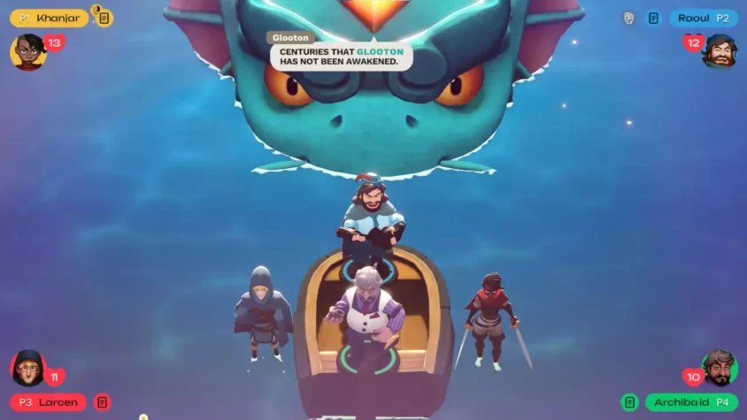 Герои игры Worlds of Aria на лодке с гигантским драконом над головой