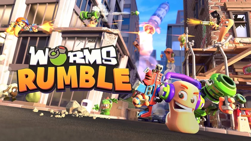 Обложка игры Worms Rumble Обложка игры Worms Rumble с персонажами в ярких наушниках и оружием
