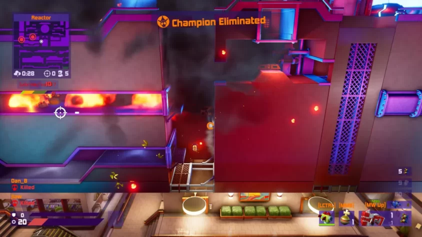 Геймплей игры Worms Rumble на арене Reactor, с взрывами и уничтоженными чемпионами