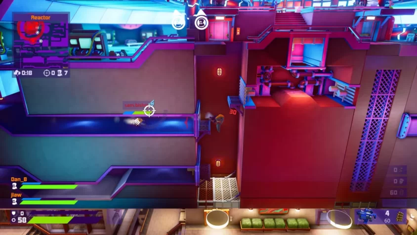 Геймплей игры Worms Rumble на арене Reactor, сражающиеся червяки и индикаторы здоровья