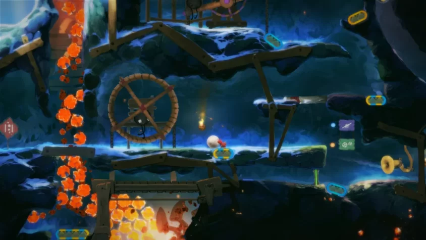 Геймплей Yoku's Island Express в подземелье, где используется колесо для перемещения