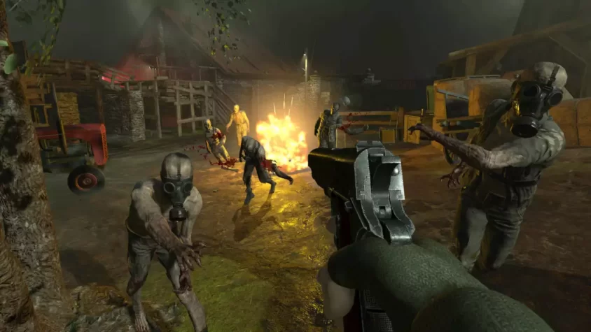 Герой с оружием в окружении зомби в Zombie Army VR