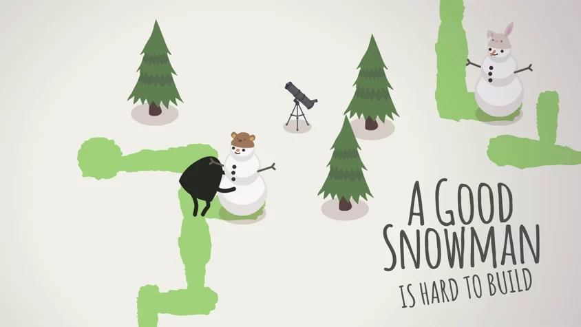 Обложка игры A Good Snowman Is Hard To Build Чудовище обнимает снеговика в окружении ёлок и телескопа A Good Snowman Is Hard To Build