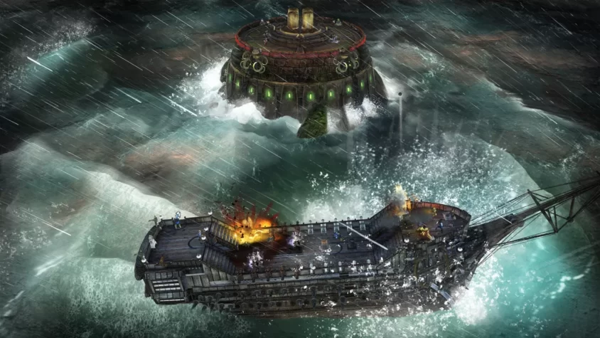 Сцена из игры Abandon Ship, где пиратский корабль борется с разрушительным штормом и неизвестной платформой