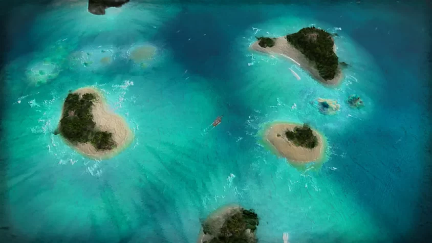 Сцена из игры Abandon Ship, где видна карта с маленькими островами и корабль на горизонте