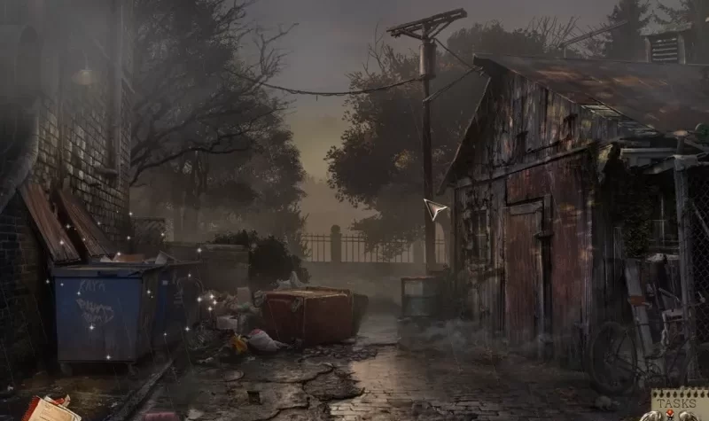 Сцена из игры Abandoned: Chestnut Lodge Asylum с заброшенным двором, мусором и унылым пейзажем