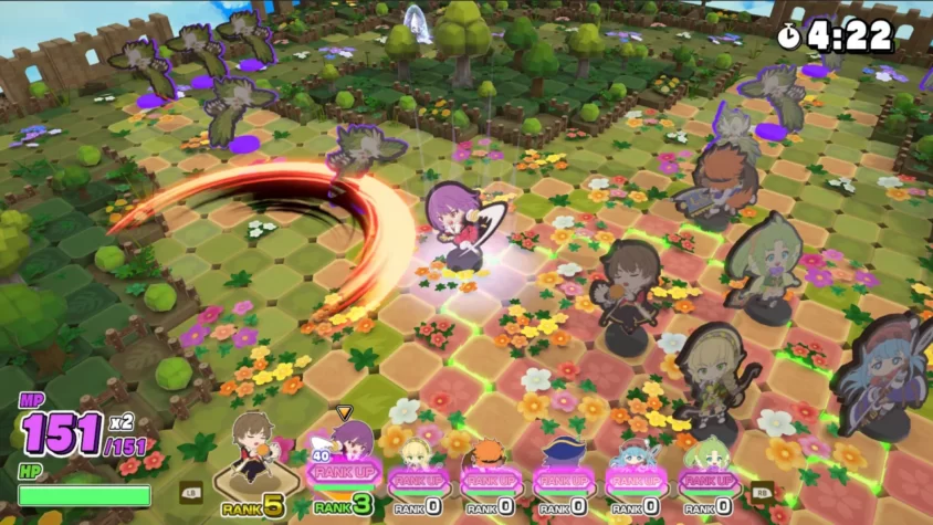Боевая сцена в игре Adventure Academia: персонажи сражаются на клеточном поле, окружённом цветами