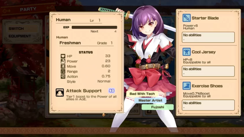 Персонаж в игре Adventure Academia с выбранными предметами и характеристиками