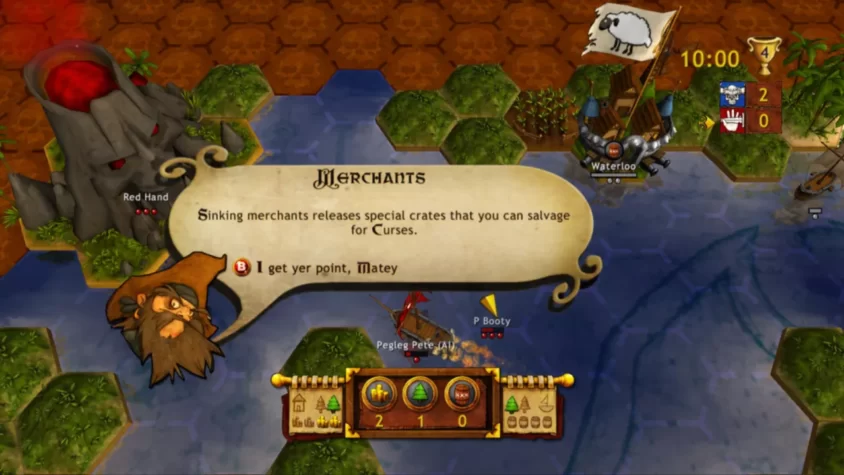 Пират и его корабль в Age of Booty, разговаривающие о торговцах и проклятиях