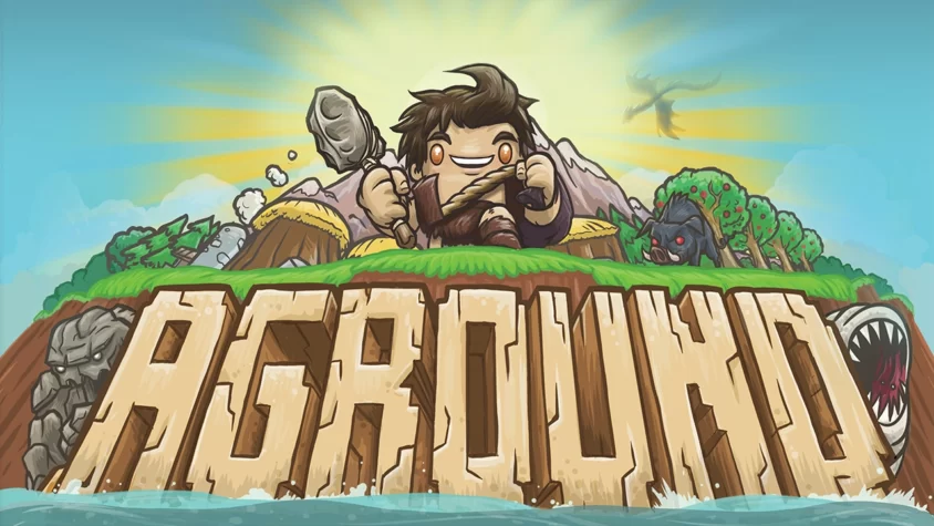 Обложка игры Aground с изображением персонажа, который сражается с камнями, а также дикими животными и прочими чудовищами на фоне острова