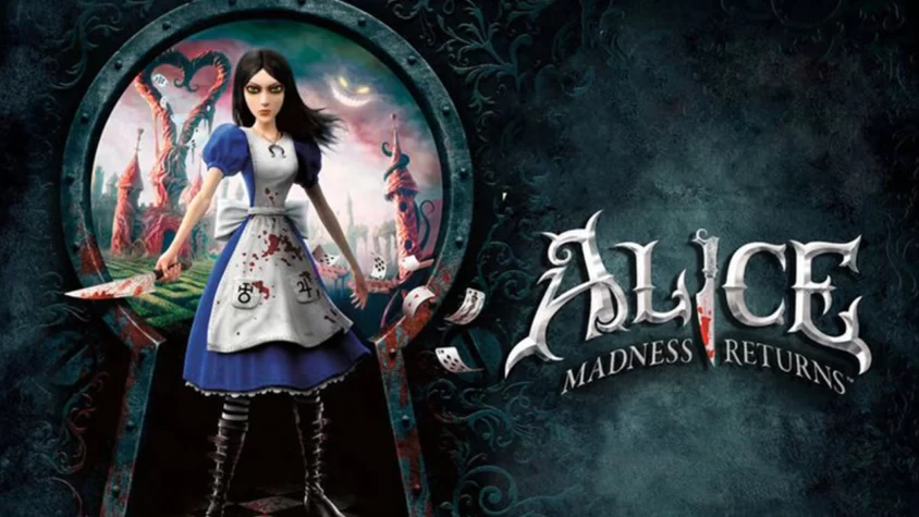 Обложка игры 'Alice: Madness Returns', где Алисса в своем безумном платье держит нож с кровавыми следами, стоя в мире, полном странных искажений