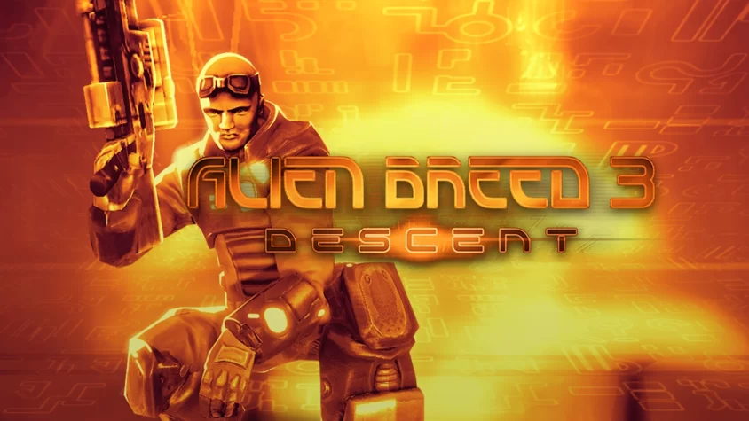 Alien Breed 3: Descent — обложка игры Обложка игры Alien Breed 3: Descent — солдат в футуристическом костюме с оружием на фоне ярких цветовых переходов