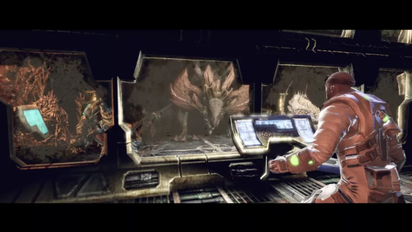 Сцена из игры Alien Breed 3: Descent — солдат за пультом управления, в то время как в окнах монитора появляются какие-то не очень дружелюбные существа