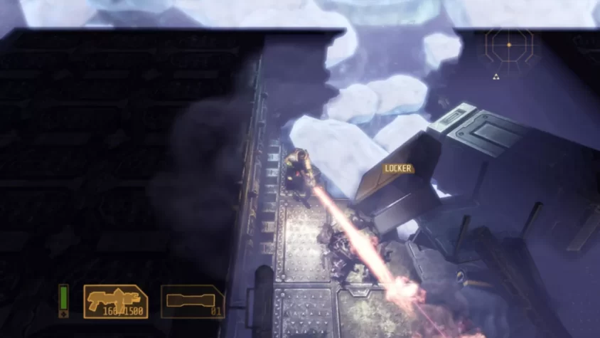 Сцена из игры Alien Breed 3: Descent — солдат использует лазерное оружие, сражаясь с врагами на фоне ледяных просторов