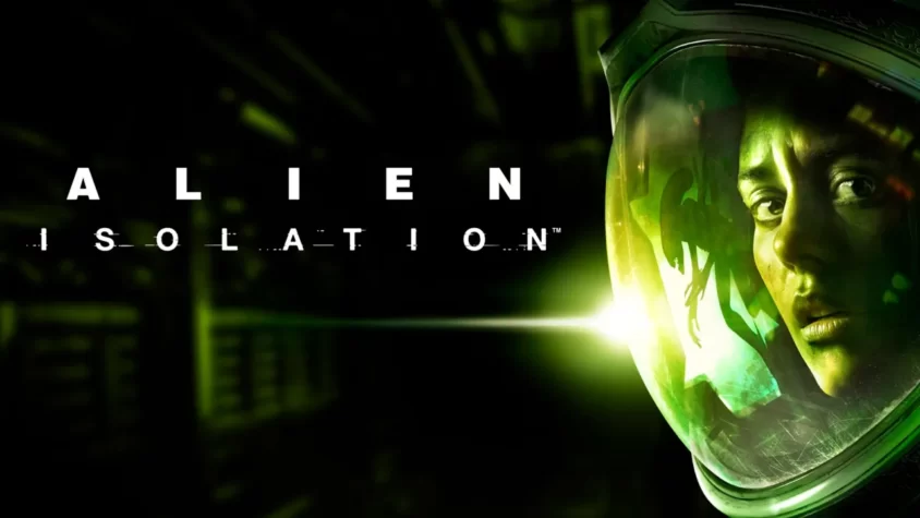 Обложка игры Alien: Isolation, где изображена героиня в космическом шлеме и отражение чуждой формы жизни